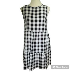 Pretty Garden Buffalo Plaid Black White Gingham Sleeveless Tiered Dress, Medium
